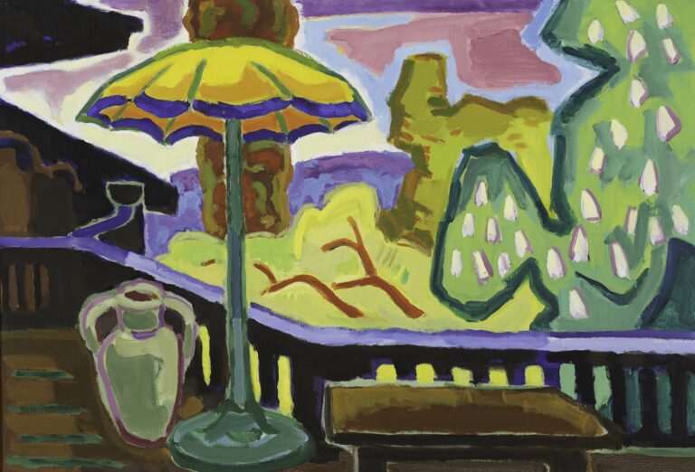 Karl Schmidt-Rottluff, Veranda mit Sonnenschirm, 1958, Öl auf Leinwand, 76 x 112 cm, Brücke-Museum, Karl und Emy Schmidt-Rottluff Stiftung © © VG Bild-Kunst, Bonn 2024