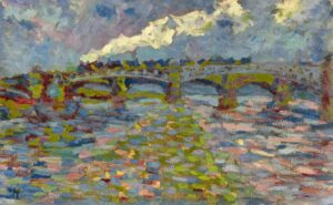 Erich Heckel, Flusslandschaft mit Brücke und Zug, 1905, Öl auf Pappe, 45 x 70 cm, Kunstsammlungen Chemnitz, Foto: Kunstsammlungen Chemnitz/Jürgen Seidel © Nachlass Erich Heckel, Hemmenhofen